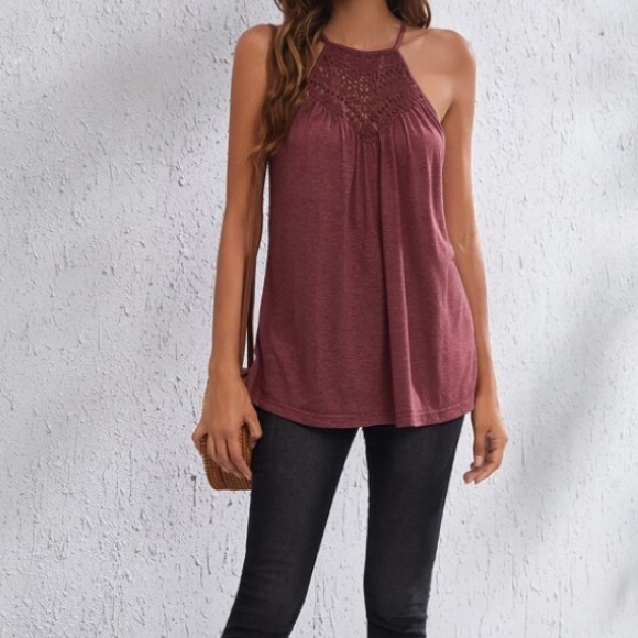 1 MED left! Boho Burgundy Cutout Detail Tie Back Halter Tank Top - Picture 3 of 7